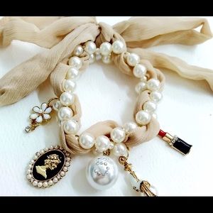 Pearl and fabric designer style charm bracelet